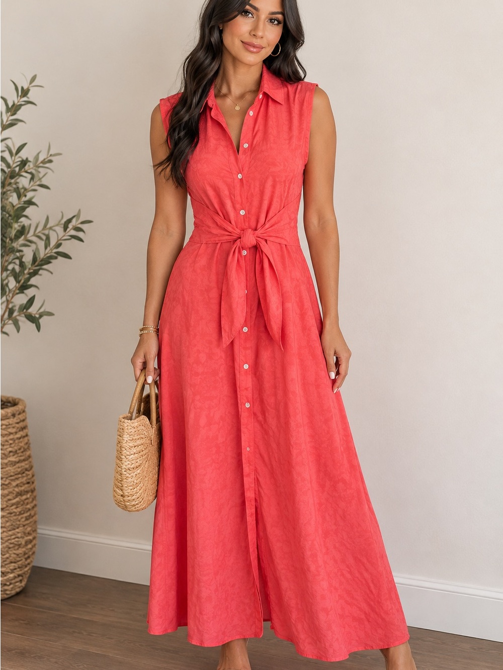 Banana Republic 🔥 Coral Button-Front Maxi Dress with Tie Waist